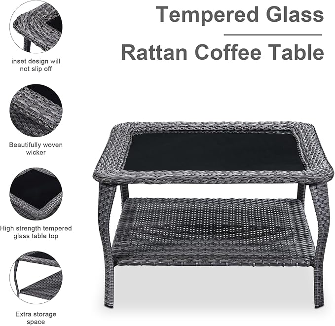 HUMMUH 9 Piece Patio Furniture PE Wikcer Outdoor Furniture Set with Sectional Sofa Swivel Patio Chairs Ottomans and Glass Coffee Table for Yard,Garden,Lawn