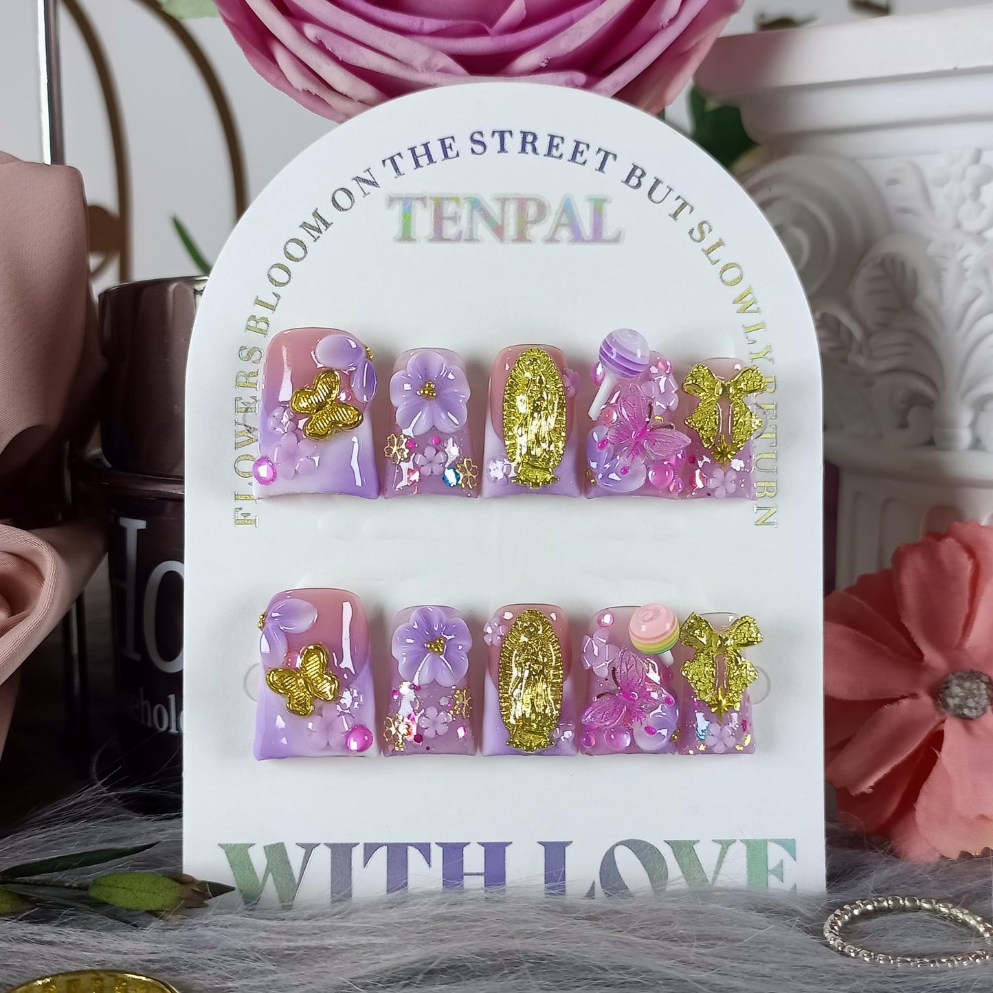 TENPAL Handmade Duckbill Press on Nails - Lavender Pink Blushing French Tips Fake Nails with 3D Bow & Lollipop Design | Acrylic Glossy Gothic Sweet False Nails | Y2K Elegant Style Duck Nails(L)