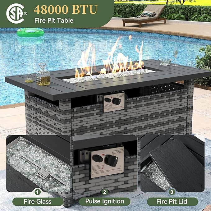 Aoxun 15 Piece Patio Furniture Set with Fire Pit Table Wicker Rattan Outdoor Sectional Sofa Set with Coffee Table and 4” Thickened Cushions, Grey/Black (Waterproof Cover Included)