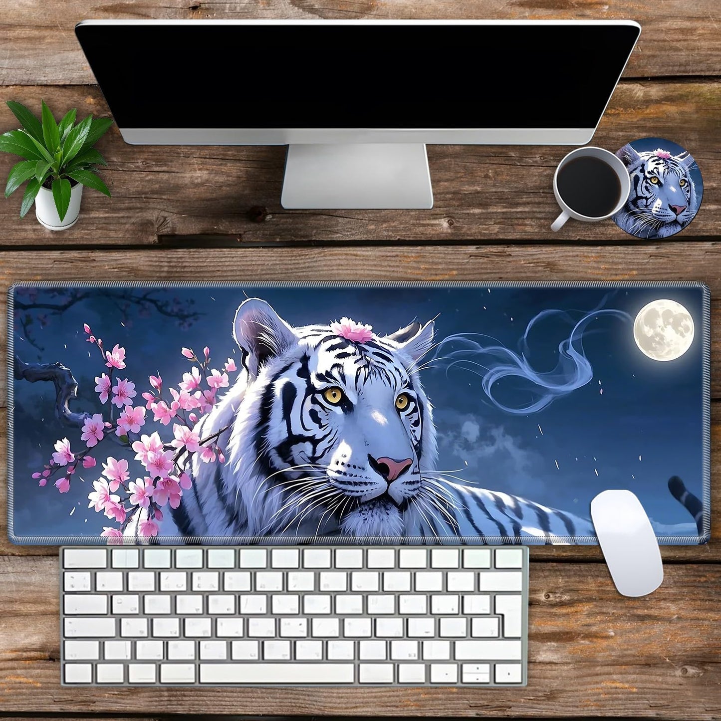 XL Large Gaming Mouse Pad 31.5x11.8 inch + Coasters -Extended Desk Pad Mat with Stitched Edges, Non-Slip Rubber Base, Black Computer Mousepad for Laptop, PC, Office & Home,White Tiger Flower
