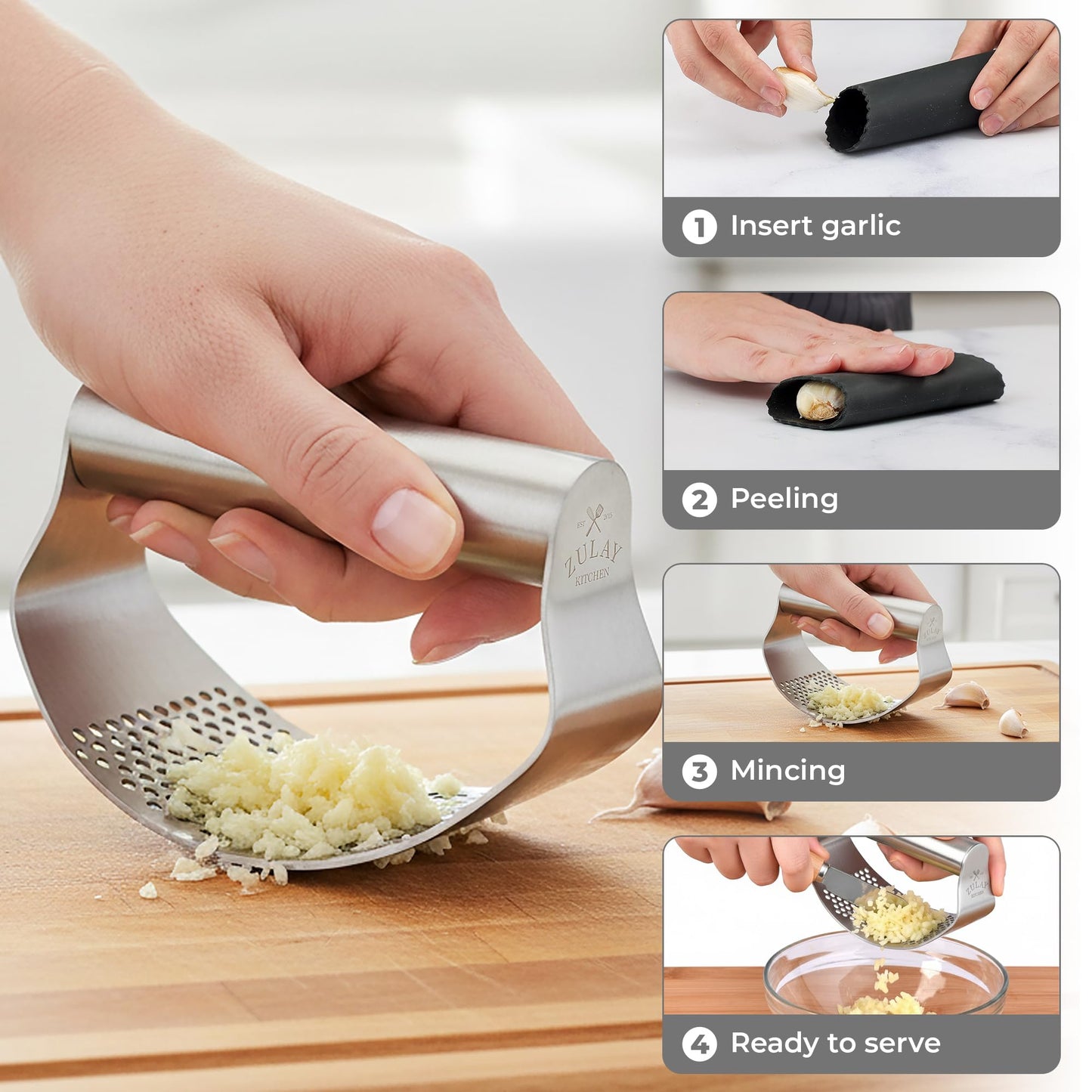 Zulay Kitchen Stainless Steel Garlic Press Rocker Set - Time Saving, Durable Strong Garlic Mincer Tool - Easy to Use & Clean Garlic Crusher Set with Peeler and Scraper Kitchen Gadget Smasher