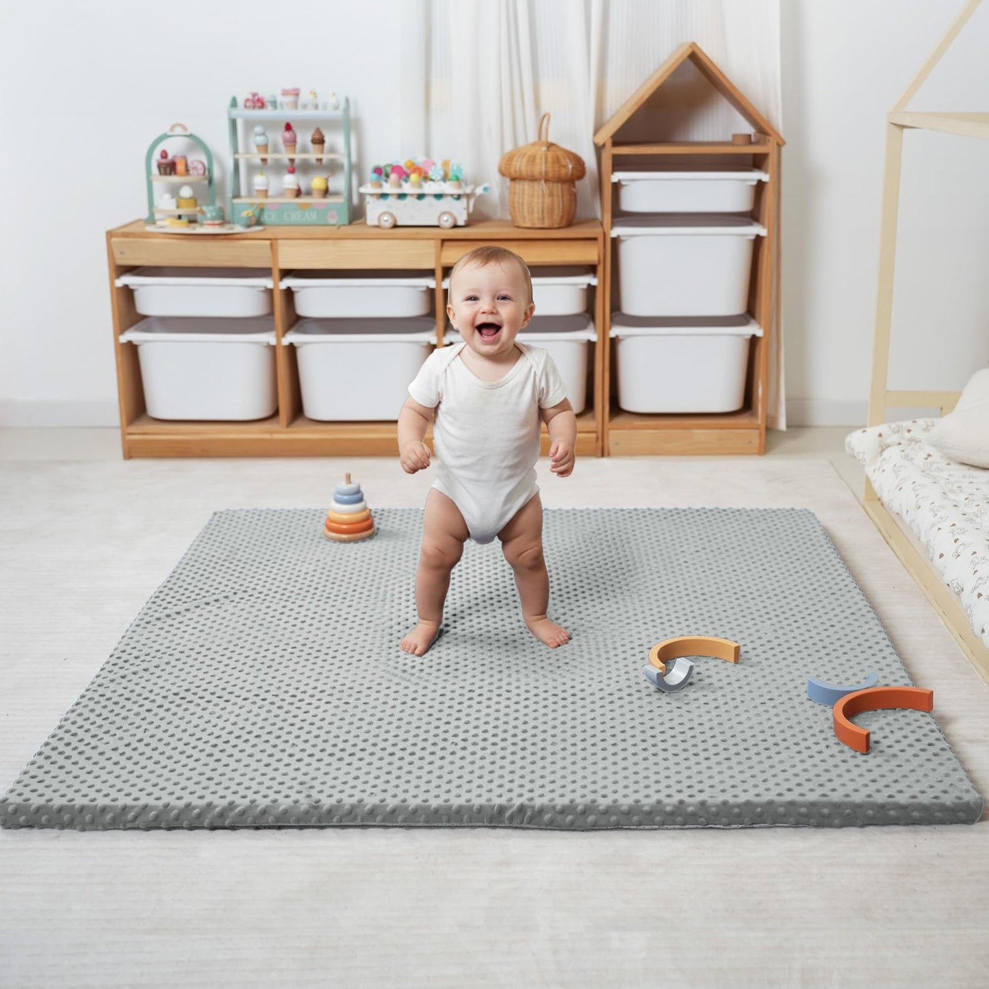 Huloo Sleep Baby Floor Play Mat for Playpen, Extra Thick 50"x50" Padded Mat with Ultra Soft 3D Minky Dot & Removable Washable Cover, Non-Slip & Safe for Crawling,Tummy Time,Infant/Toddler (Grey)