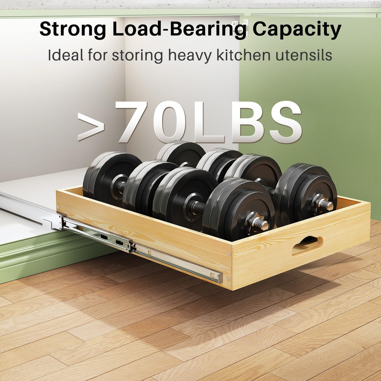 Pull Out Cabinet Organizer, Soft Close Wooden Slide Out Drawers for Pots and Pans, Full-extension Roll Out Shelves for Kitchen Cabinets, Pantry Organization, Bottom & Side Mount(15"W X 21"D x 3.4''H)