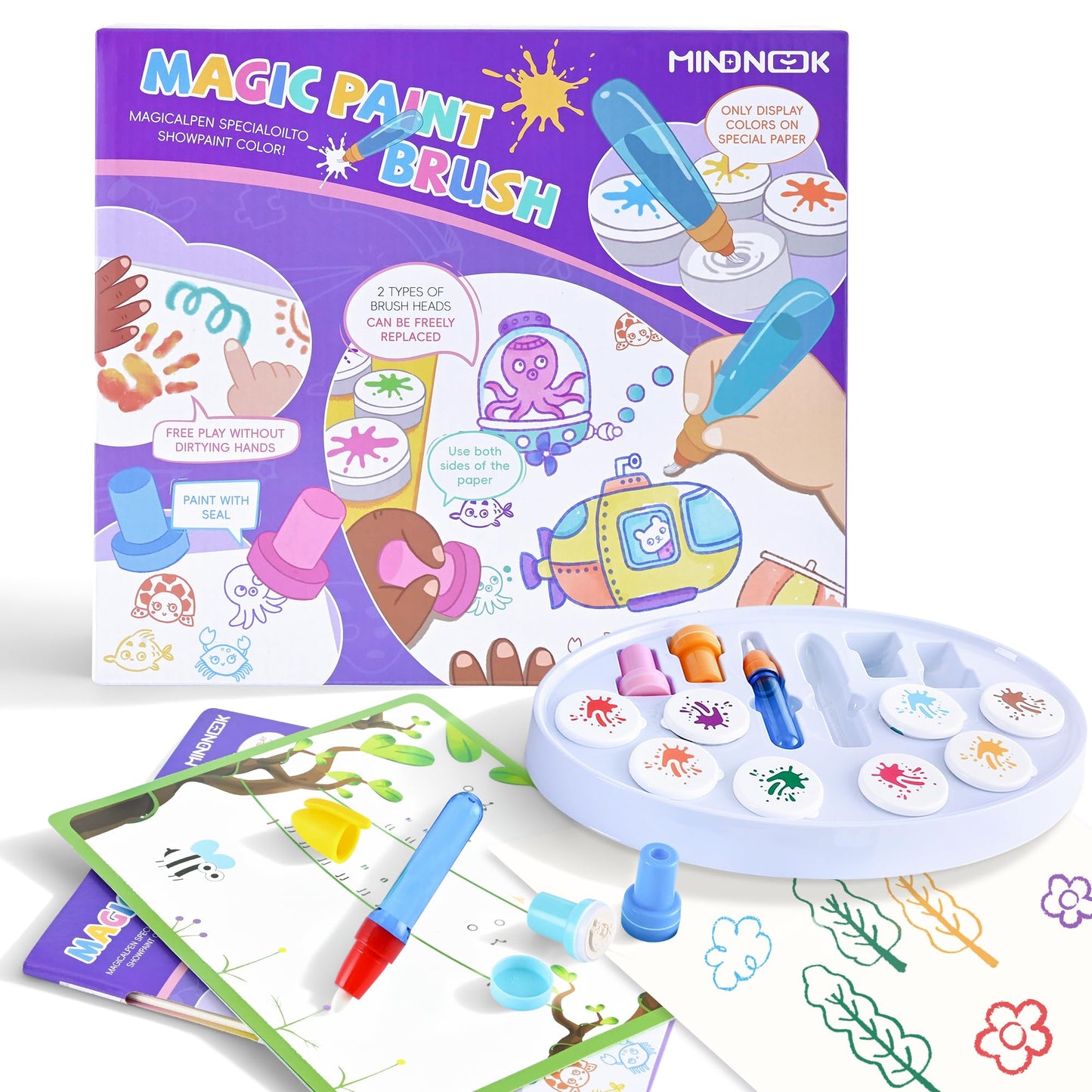 MINDNOOK Magic Brush Painting Set for Kids, Mess Free Art Station with Color-Changing Brush for Creative Learning at Home & School, Gift for Toddlers Ages 3,4,5,6,7,8,9