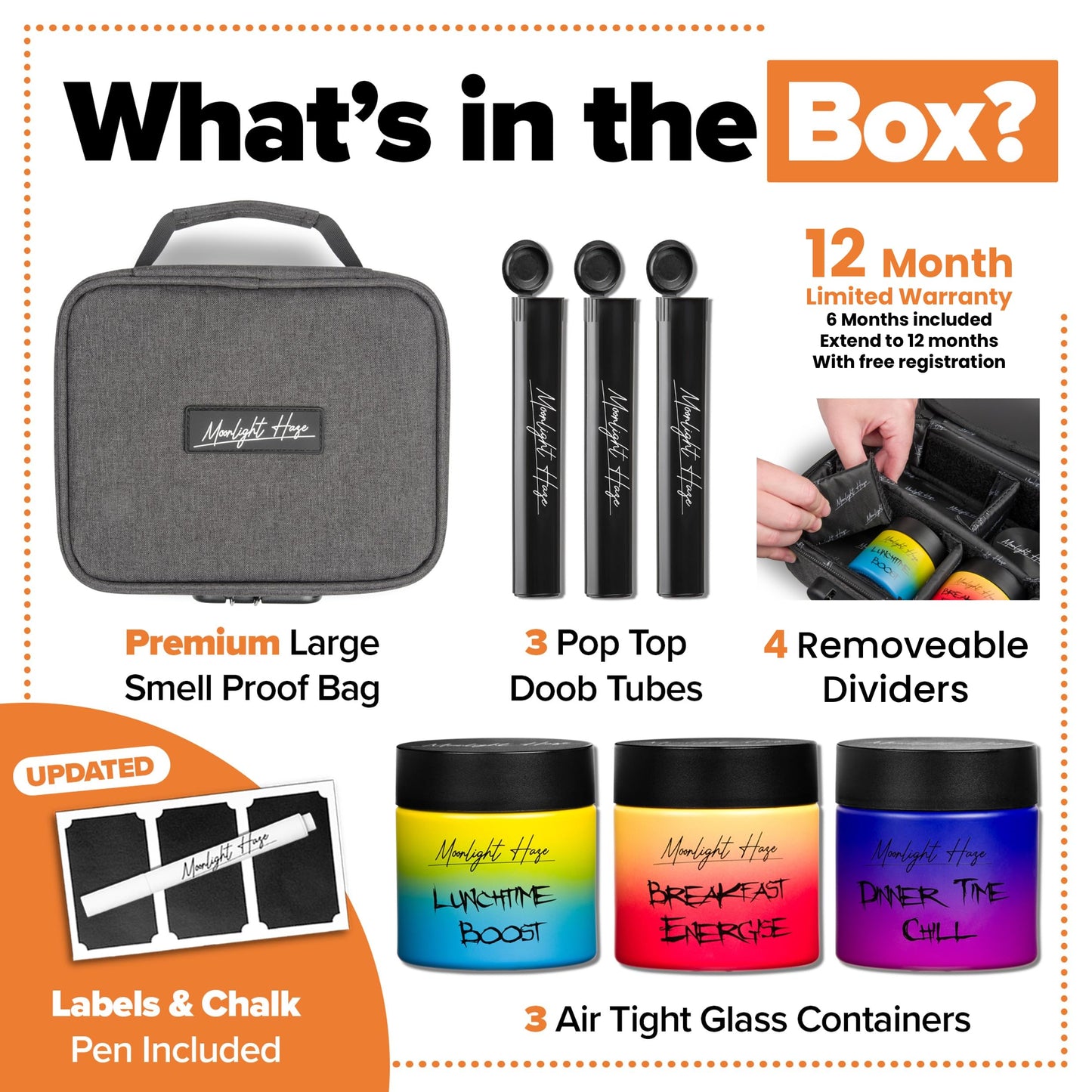 Moonlight Haze Smell Proof Bag With Activated Carbon Lining And Accessories - Smell Proof Box Gift Set With 3 Child Resistant Glass Jars And 3 Storage Tubes. Gift For Men And Women.