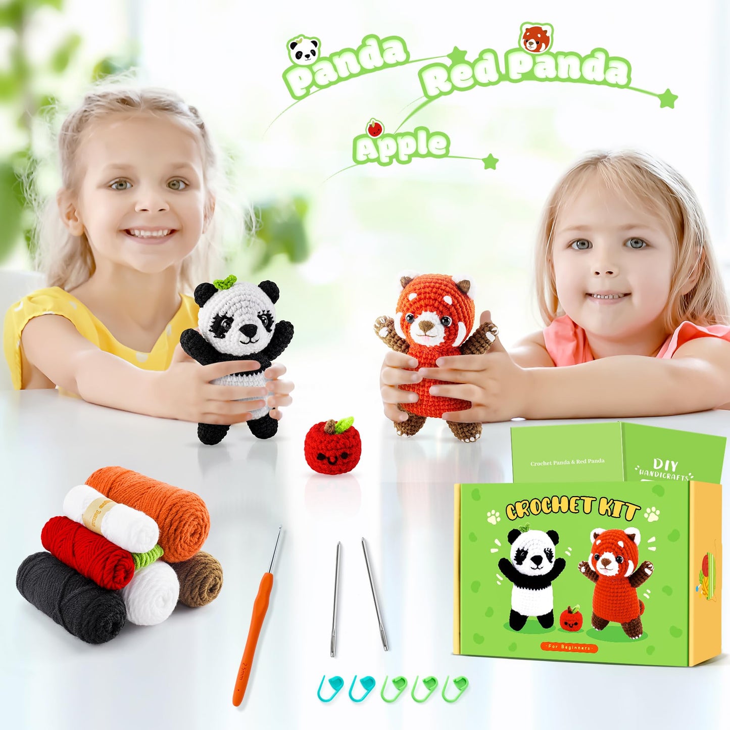 Crochet Kit for Beginners - 2PCS White and Red Panda Crochet Animal Kit with Step-by-Step Video Tutorials, Apple Crocheting Kit, Crochet Starter Kit for Adults, Beginners Knitting Kit for Birthday
