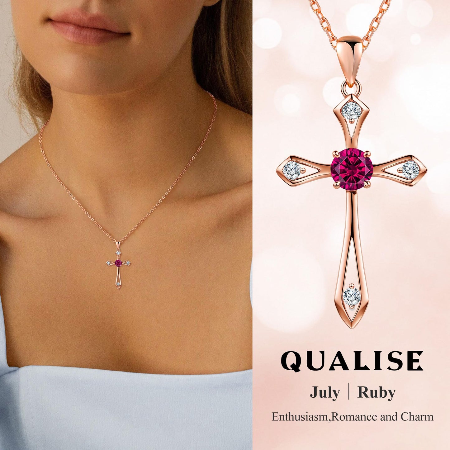 QUALISE Cross Necklace for Women,925 Sterling Silver Birthstone Necklace,Ruby-July Birthstone Cross Necklace,Faith Religious Fine Jewelry Valentines Day Gifts Birthday Holiday Gifts for Her