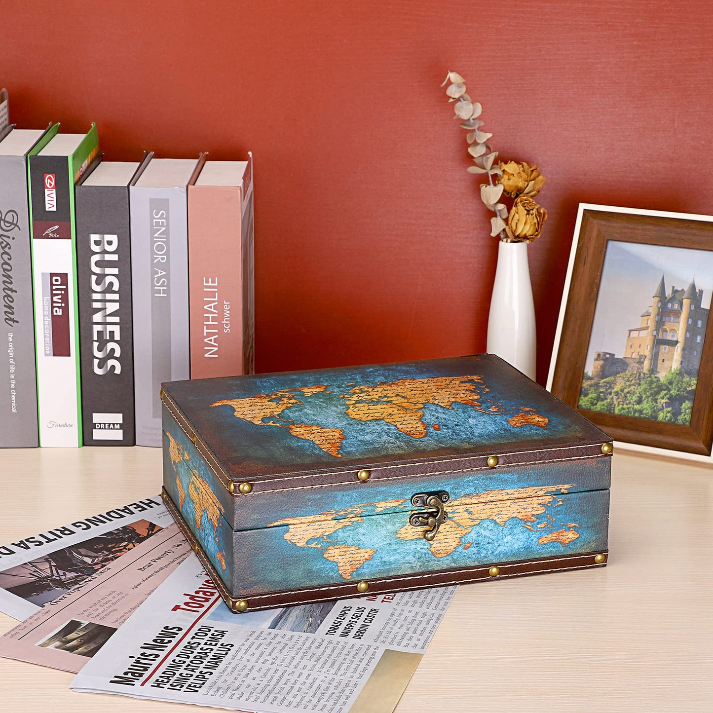 ELLDOO Decorative Treasure Chest Box, Wooden + PU Leather Storage Box for Jewelry Trinkets Photos, Rectangular Keepsakes box for Girls Women Gifts, Green Map Pattern