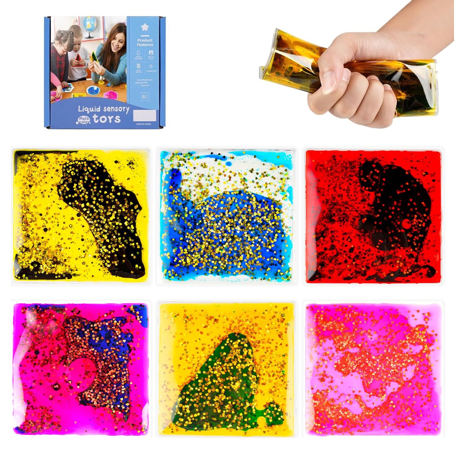 Onyoloy Sensory Soft Gel Liquid Toys: Water Sensory Fidget Toys Square Sensory Toys for Autistic Children 6-Pack