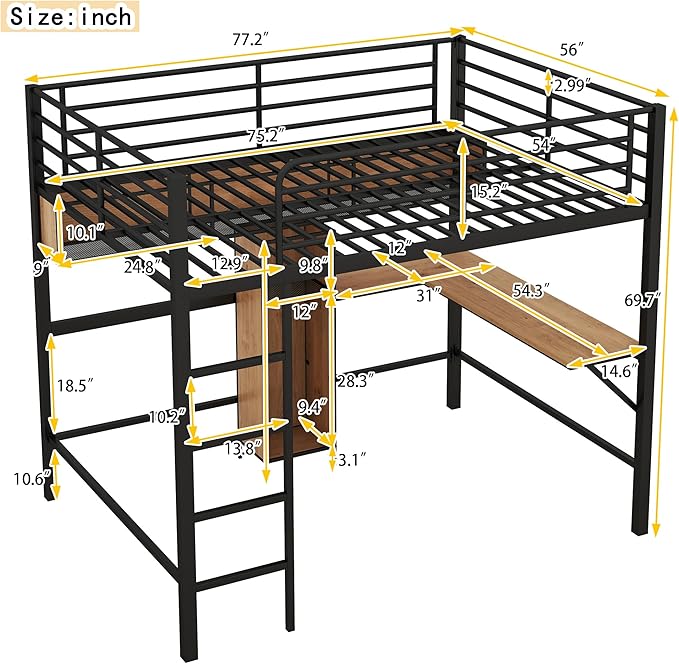 Full Size Metal & Wood Loft Bed with L -Shaped Desk and Shelves,Bedroom Multifuncational Bed Frame w/Guardrails & No Box Spring Required,for Adult Kid Boy Girl,Black+Brown