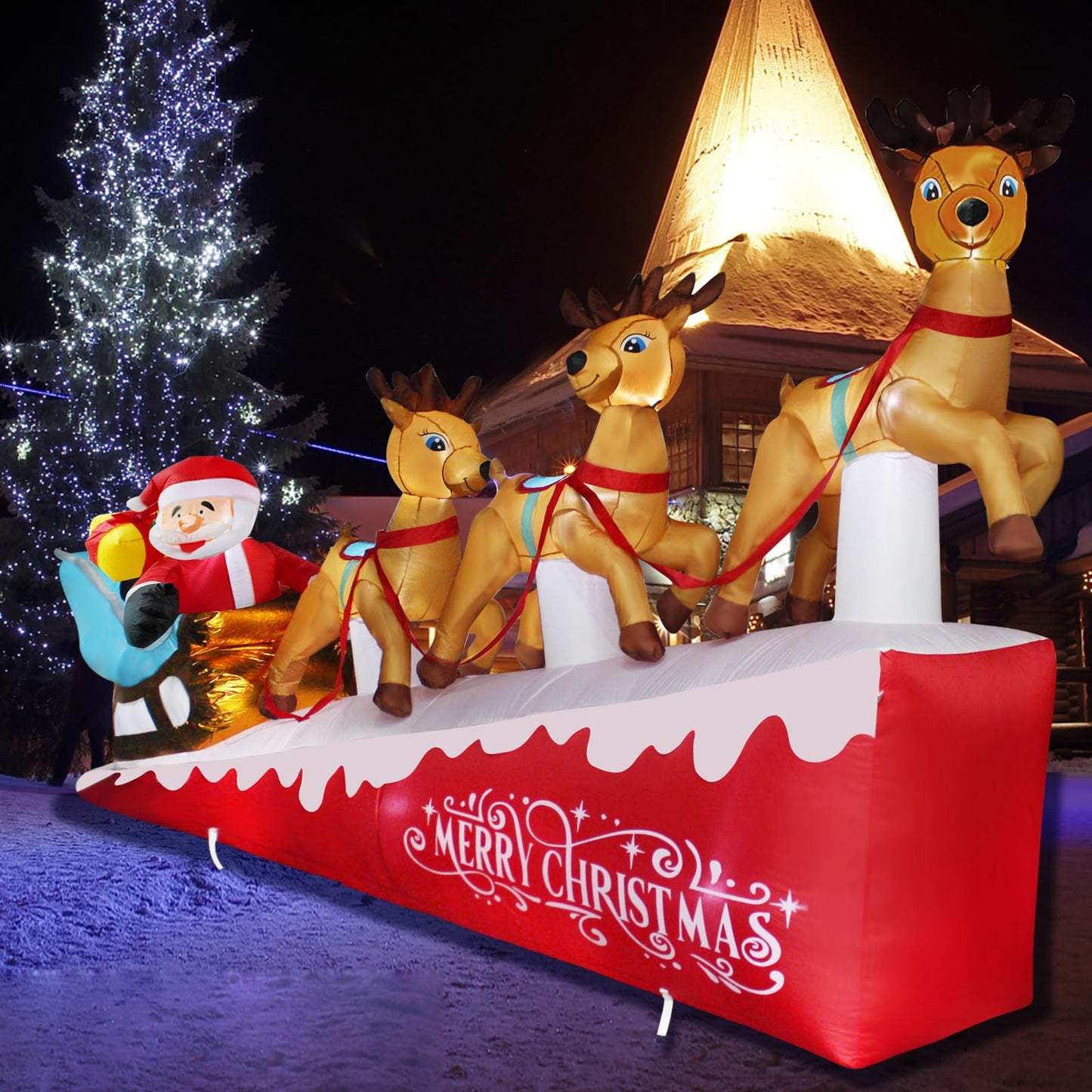 Hazms 13.3 FT Christmas Inflatables Santa Claus on Sleigh with Three Reindeer & Gift Box Outdoor Yard Decorations LED Lights Inflatable Christmas Decoration,Lawn, Garden