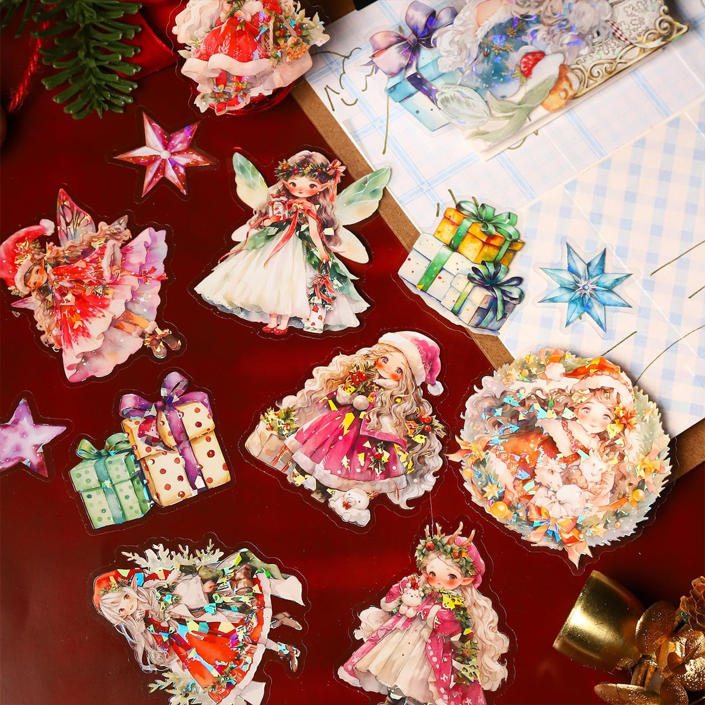 Christmas Aesthetic Girl Stickers - Holiday Decorations for Scrapbook, Journal, Junk Journal - Laser Shell Light Girly Xmas Winter Supplies