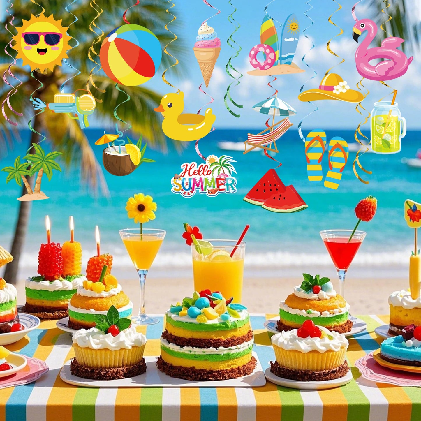 36 PCS Summer Party Hanging Swirls Pool Beach Swirls Decorations Summer Ceiling Hanging Decor Streamers for Pool Beach Themed Birthday Party Decor