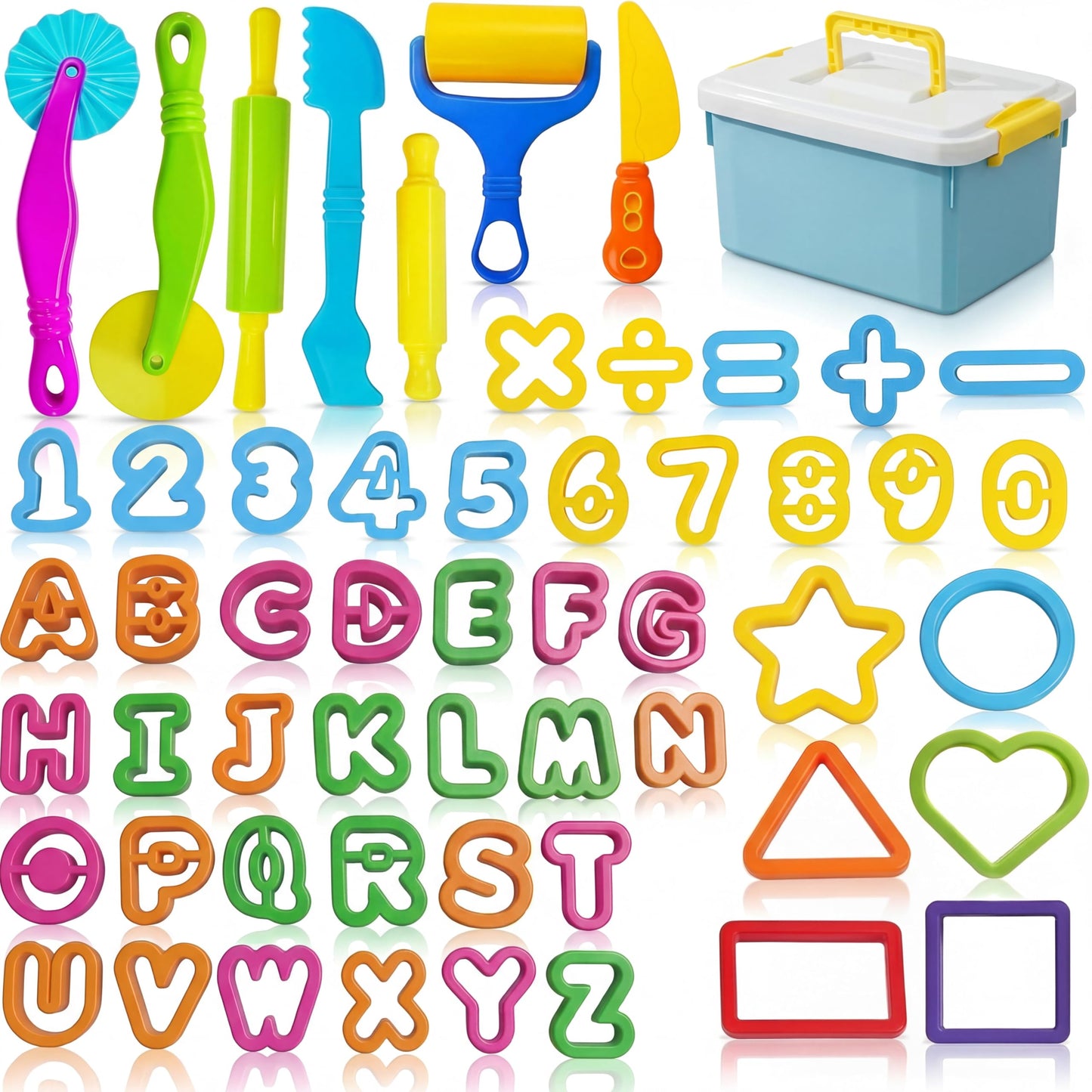 55 Pcs Alphabet & Number Dough Tool Set – Clay Play Kit for Kids with Rolling Pins, Geometric Cutters & Letter Molds, Modeling Accessories for Creative Learning