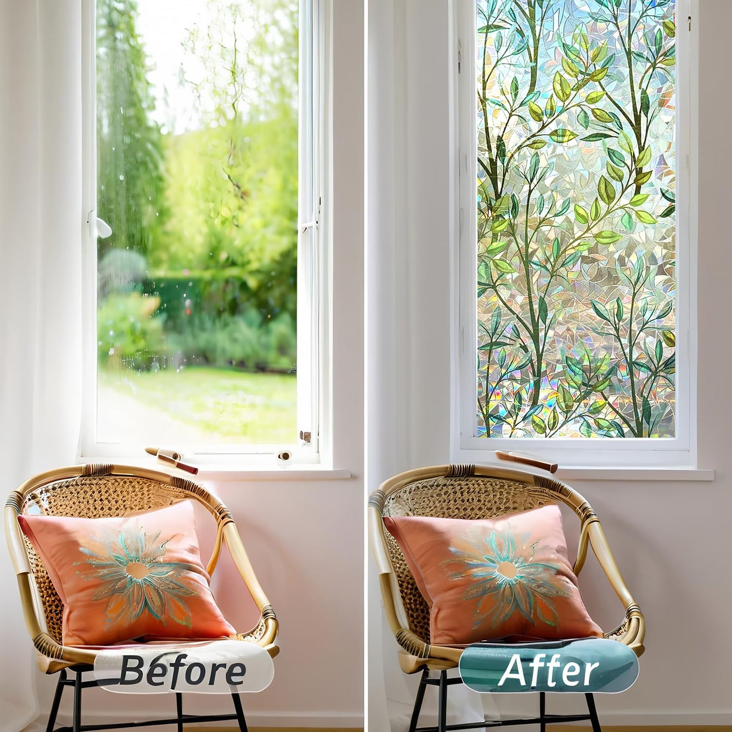 Window Privacy Film Rainbow Window Film – Decorative Static Cling Window Sticker with 3D Stained Glass Effect（35.4 x 78.7 inch） Includes 3 Installation Tools