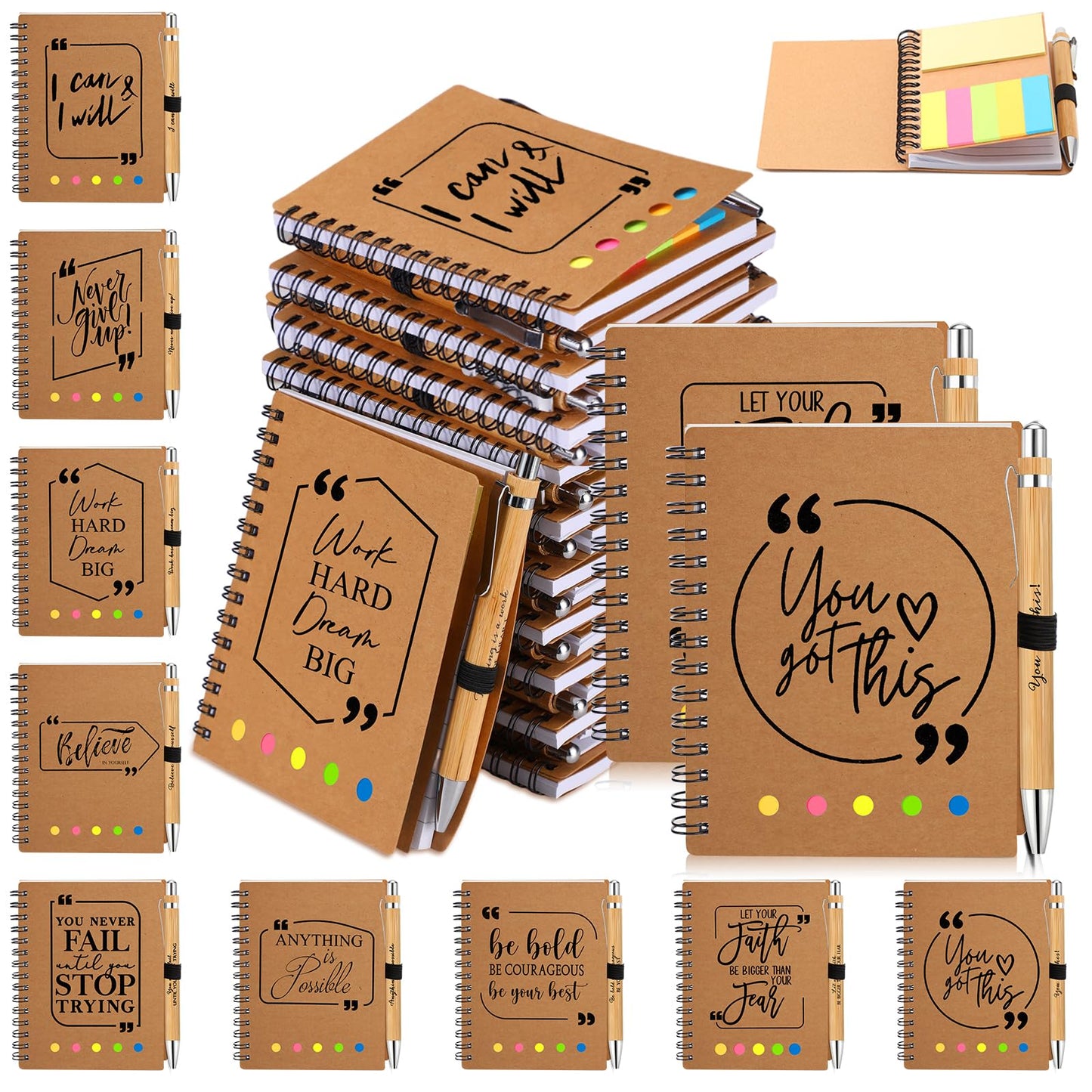 Resurhang 20 Sets Inspirational Notebook Bulk Christmas Employee Appreciation Gifts Spiral Weekly Planner Notebook with Sticky Note Bamboo Pens for Holiday Teacher Team Coworker Nurse Staff