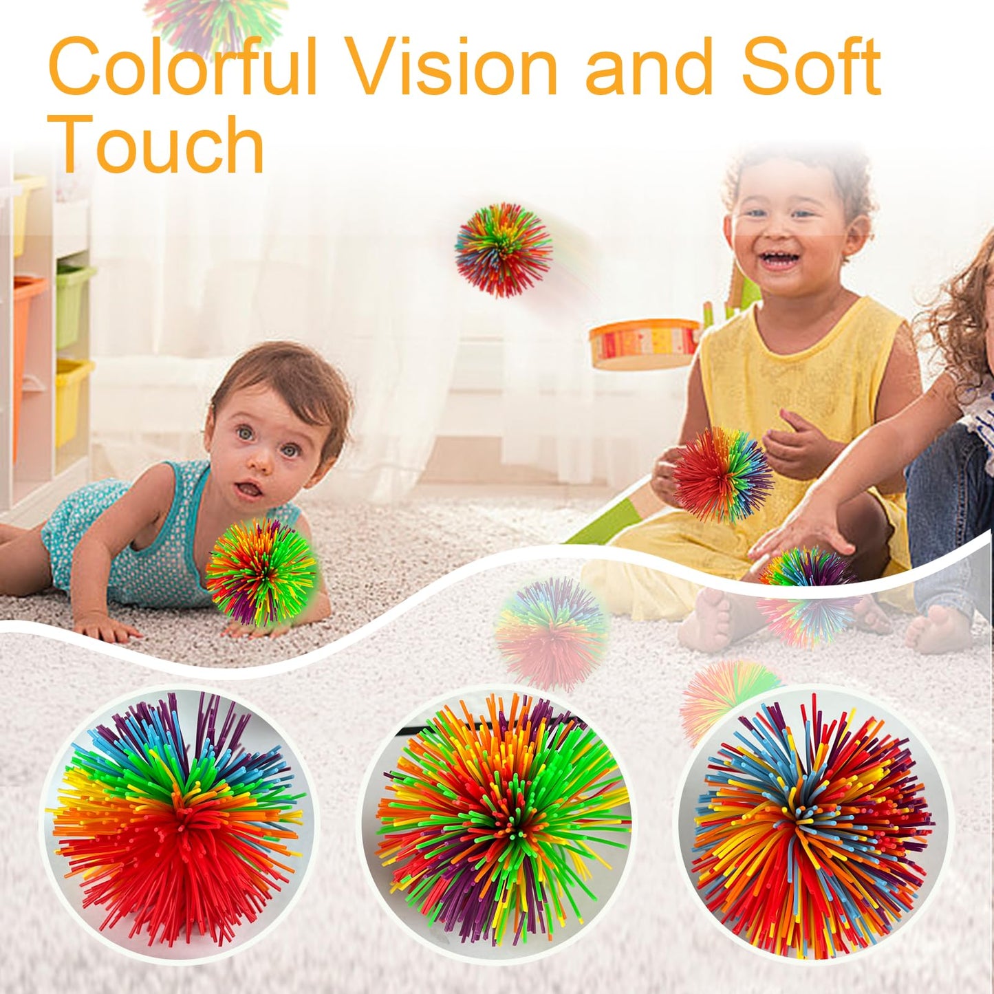 Stringy Balls Bulk, 2.75 Inch Multicolor Rainbow Sensory Stress Bouncy Balls for Kids Adults, Fidget Sensory Toys (15)