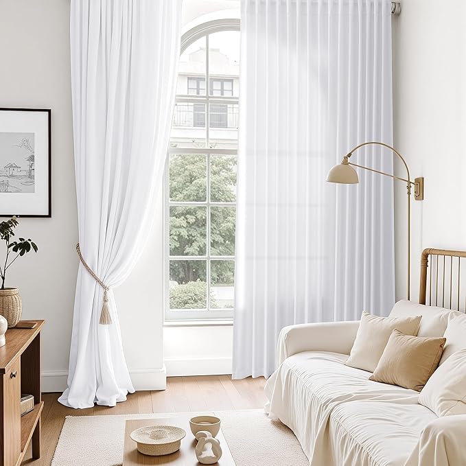 Snow White Linen Curtains 63 Inch Length for Living Room Light Filtering Semi Sheer Curtain Back Tab Luxury Neutral Coastal Modern Farmhouse Decor Drapes for Bedroom Dinner Room 52x63, 2 Panels