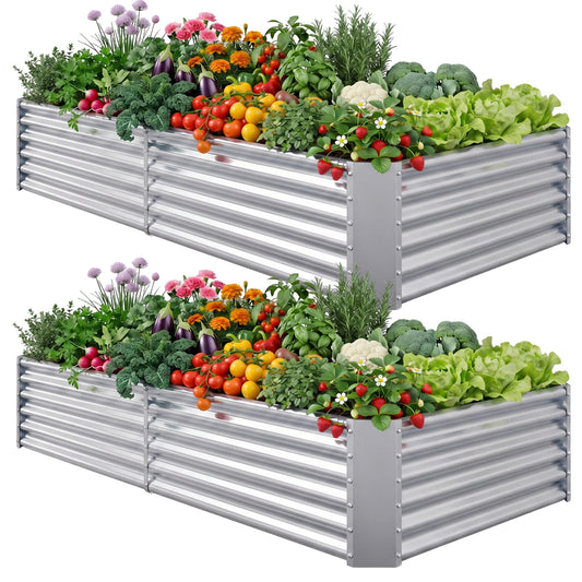 AHEONLAR 2 Pack 8×4×1.5ft Galvanized Raised Garden Beds Outdoor, Rectangle Sturdy and Durable Planter Boxes for Vegetables, Fruits, Flowers and Plants, Easy Assembly, Silver Grey