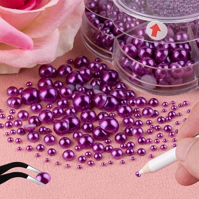 Nail Art Flat Back Half Round Pearl Kits 29, 1 Box of 6000 Pcs Flat-Back Dark Purple with Tweezer and Picker Pencil for Home DIY Nails Body Face Craft and Salon Use