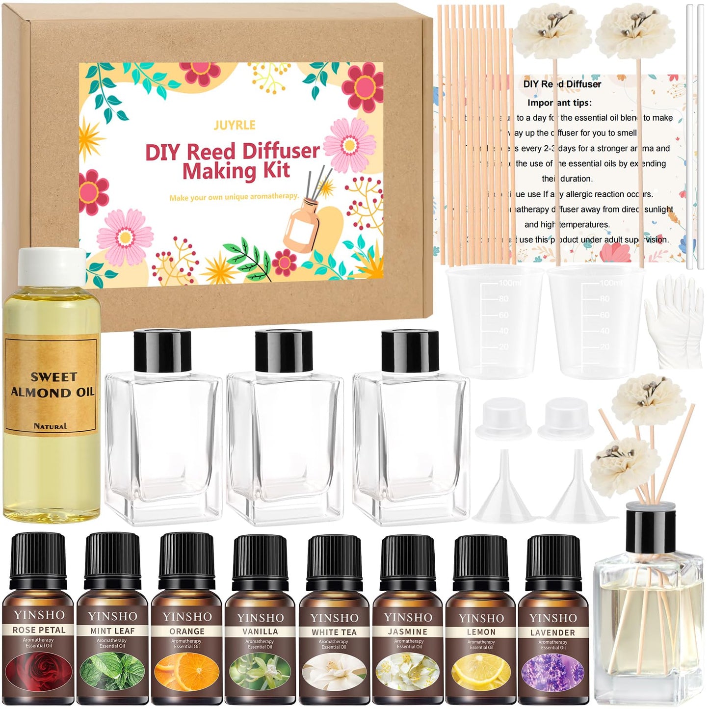 JUYRLE Reed Diffuser Making Kit- DIY Flower Reed Diffuser Set for Home with Essential Oil, Sticks, Glass Bottle, Air Fresheners for Home Office Bathroom Shelf Aromatherapy Decor Gifts for Women & Men