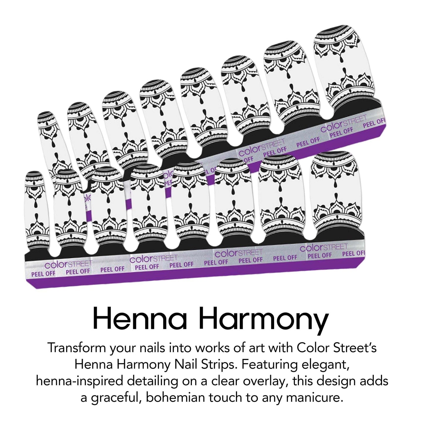 Color Street Henna Harmony Nail Strips - Clear Overlay with Elegant Henna-Inspired Detailing, Clear Finish, 16 Double-Ended Real Nail Polish Strips