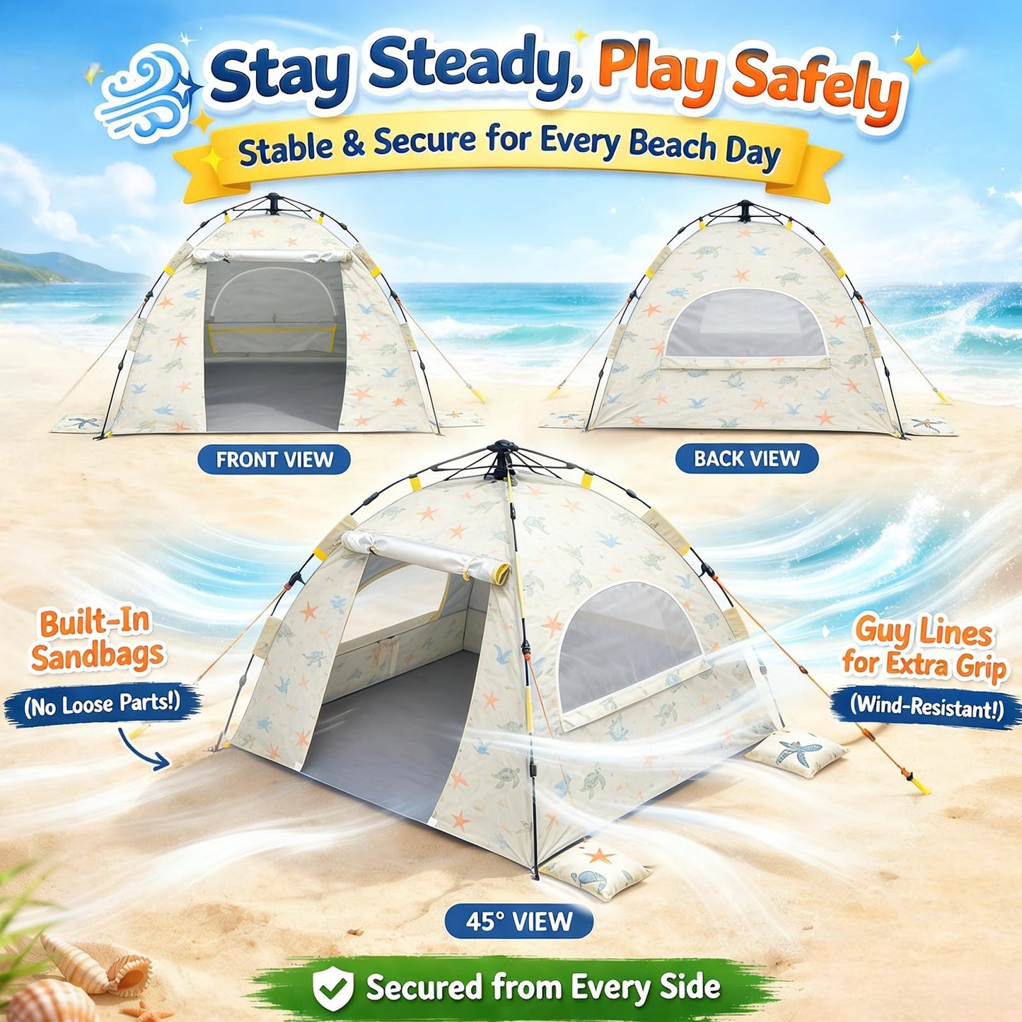 Baby Beach Tent Pop Up Sun Shelter with UPF 50+ UV Protection, Silver-Coated Interior, Breathable Mesh Ventilation, Easy Setup, Wind-Stable Beach Shade for Infants & Toddlers