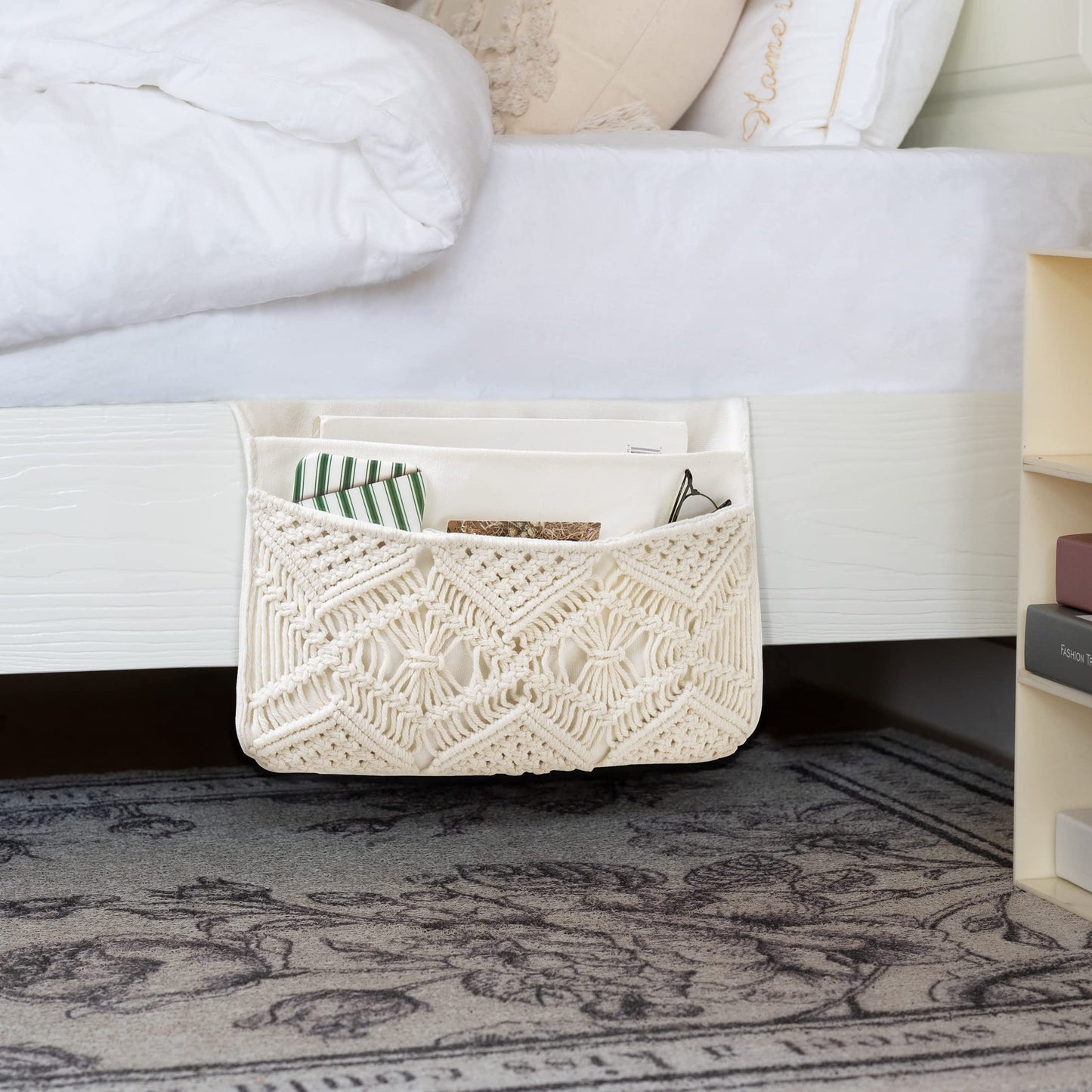 Mkono Macrame Bedside Caddy Storage Organizer Boho Remote Control Tablet Magazine Holder and Key Holder for Wall Decorative Small Macrame Key Holder Boho Home Decor