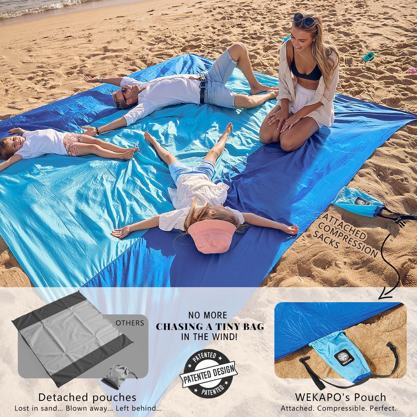 Wekapo Beach Blanket Sandproof, Beach Mat, Big & Compact Sand Free Mat Quick Drying, Lightweight & Durable with 6 Stakes & 4 Corner Pockets, Standard (1~3 person)