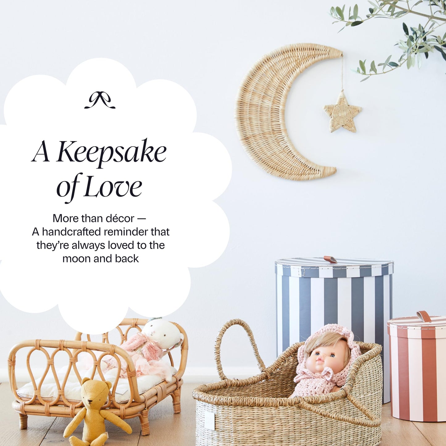 BEBE BASK Handmade Rattan Moon Wall Decor with Star - 100% Natural Organic Rattan Moon Decor for The Boho Nursery Decor - Moon and Stars Nursery Décor