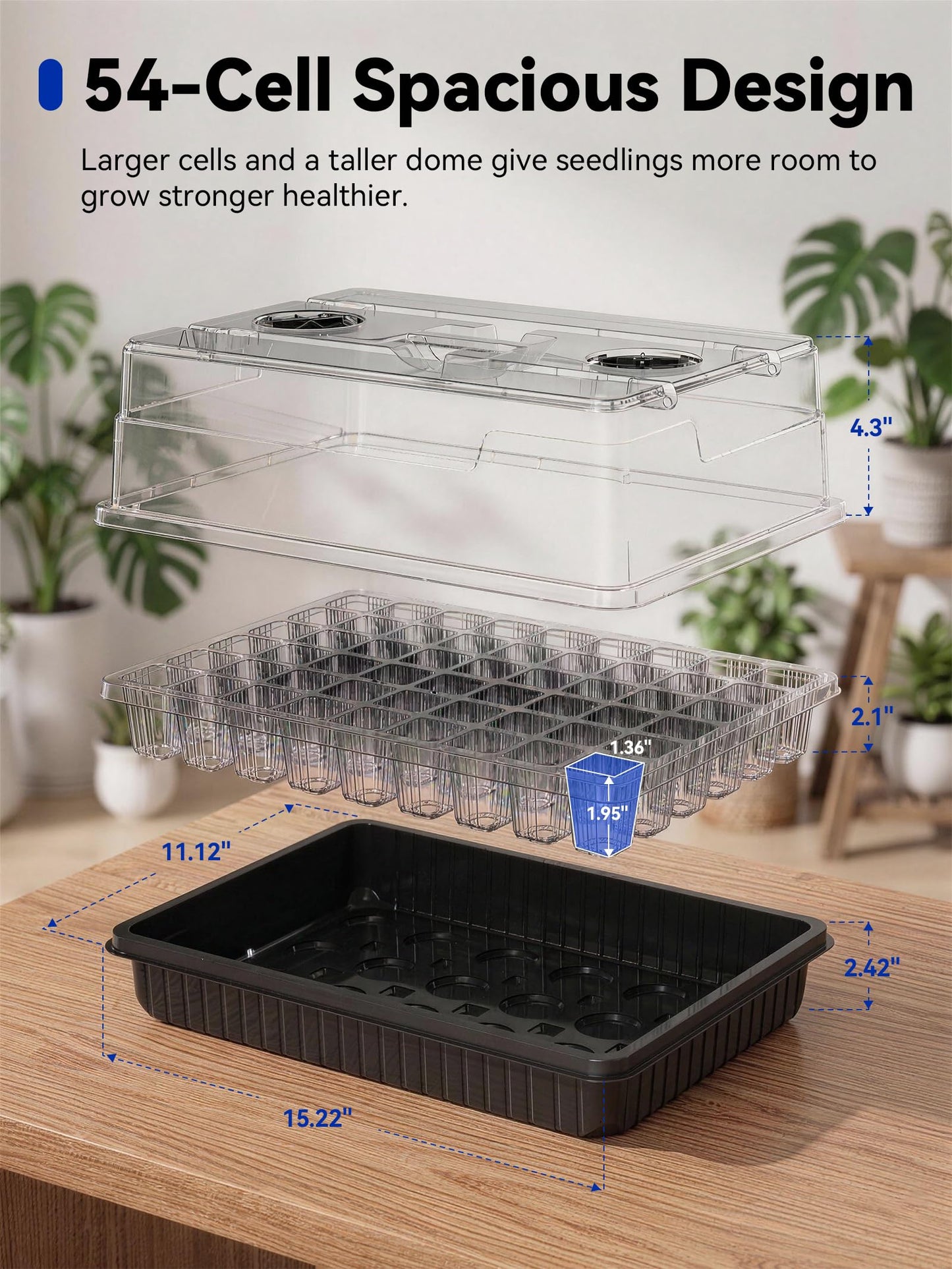 GLOWRIUM Seed Starter Tray with Grow Lights, 1 Pack 54-Cell Seed Starter Kit with 4.3" Humidity Dome, Indoor Seedling Starter Tray with 3/9/12/16h Timer, Adjustable Brightness Seed Starting Trays