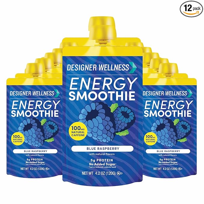 Designer Wellness Energy Smoothie, Real Fruit, 100mg Natural Caffeine, 5g Protein, Low Carb, Zero Added Sugar, Gluten-Free, Blue Raspberry, 12 Count