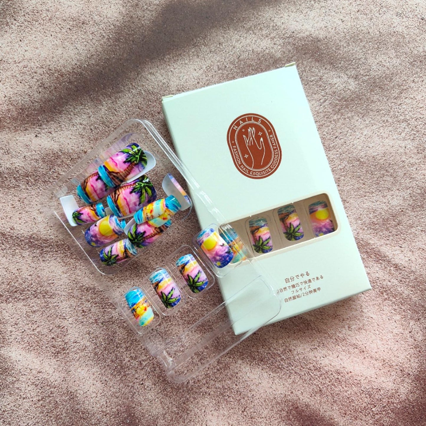24Pcs Summer Press on Nails Sea Waves & Sunset Design Fake Nails Coconut Tree False Nails Short Square Glue on Nails Acrylic Full Cover Stick on Nails for Women Summer Beach Manicure