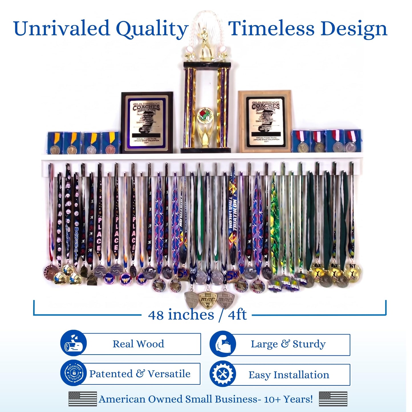 4ft Medal Hanger Display — Trophy Shelf with Hooks for Medals — 48" Solid Wood — Holds 40+ Medals for Running, Gymnastics, Martial Arts, Wrestling, Swimming — White — Medal Awards Rack