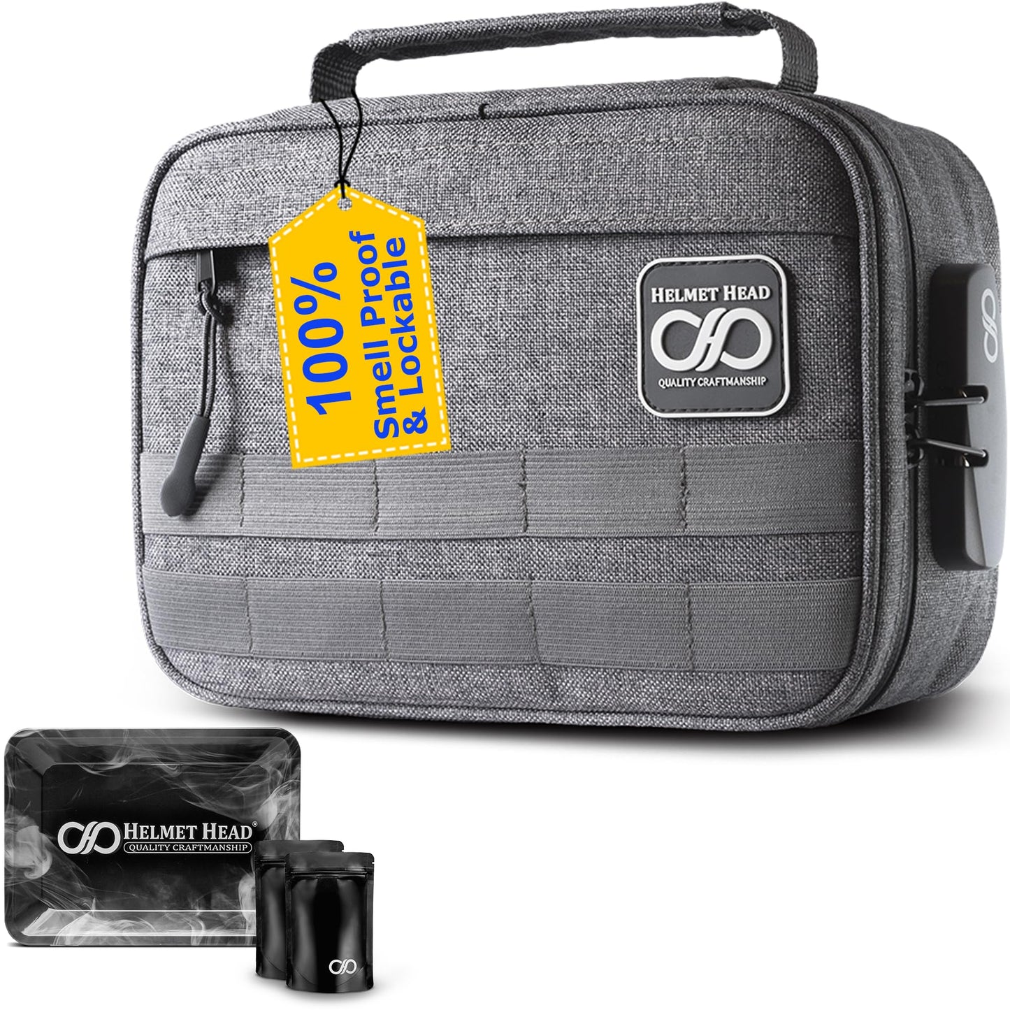 HELMET HEAD Smell Proof Bag with Lock – Odor Proof Stash Bag Organizer with Metal Tray & Mylar Bags, Lockable Travel Storage Case for Herbs, Medicine Organizer & Valuables (Gray)