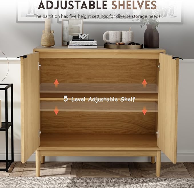 Fluted Cabinet with Storage, Buffet Cabinet Sideborad with Door, Kitchen Buffet Storage Accent Cabinets with Adjustable Shelves for Living Room, Entry, Hallway, Natural