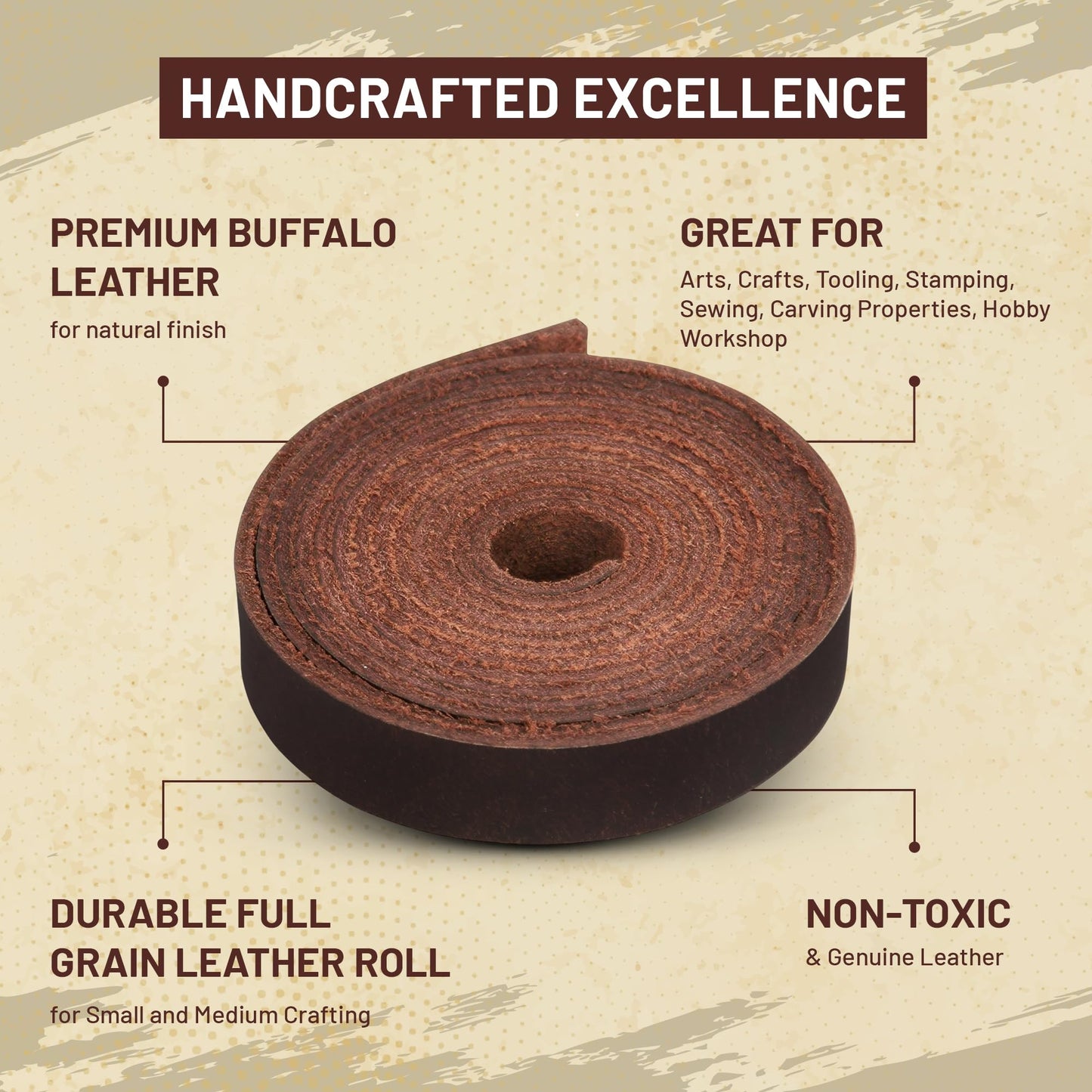 Genuine Buffalo Leather Strap for Crafts - Handcrafted Durable Full Grain Leather Roll - Leathercraft Accessories for Bracelet Making, Belt Making Supplies, Keychains, Dog Collars, & More (1” x 60”)