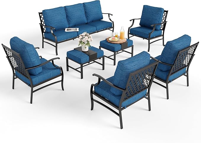 Patio Furniture Set 7 pcs, Outdoor Patio Furniture, 3-Seat Sofa, 4 Single Chairs, 2 Ottomans and 5.75" Extra Thick Cushion, Conversation Set for Backyard Deck,Gemstone Blue