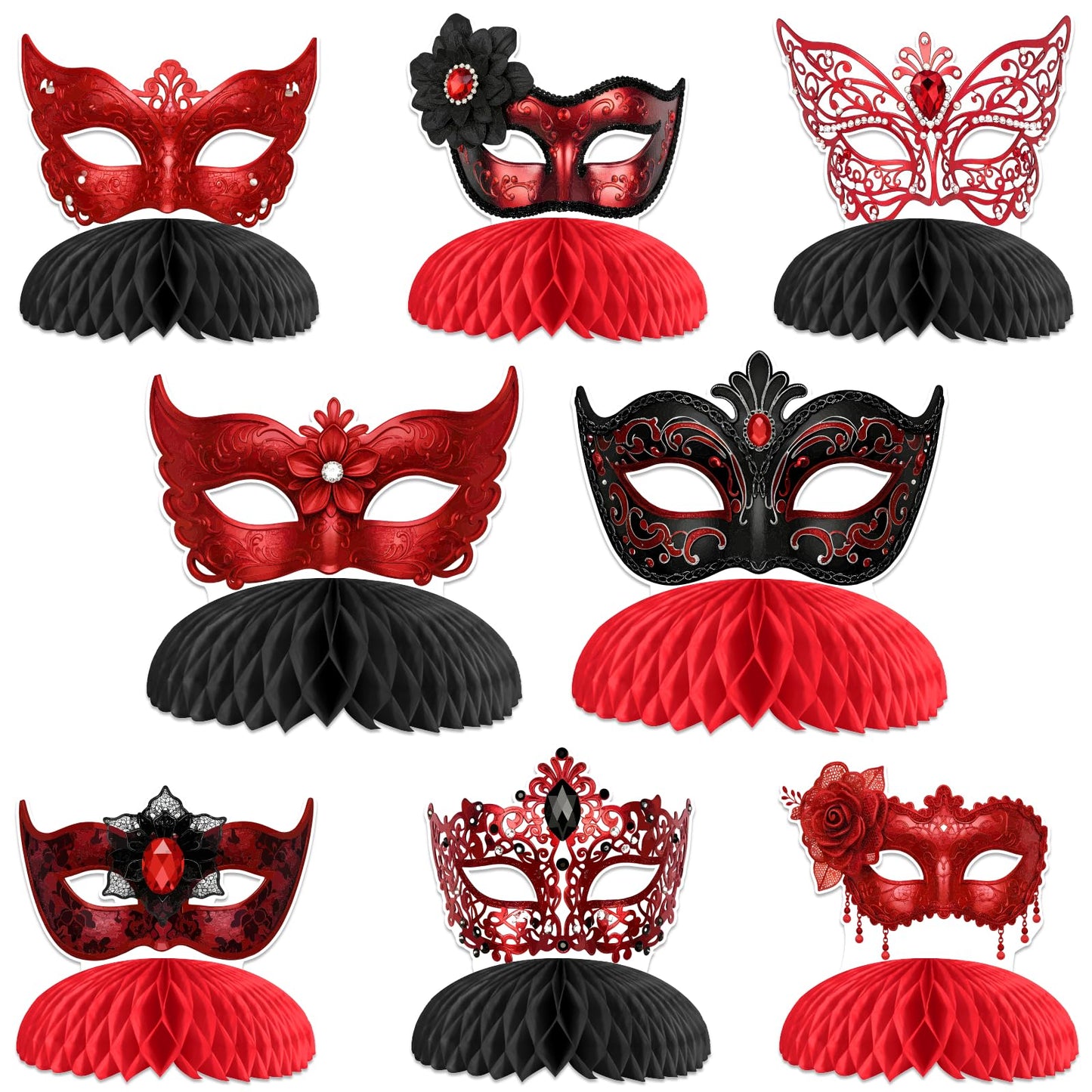 Felivid Red Masquerade Honeycomb Centerpieces Set for Masquerade Party Table Décor Elegant Red Mask Theme Birthday Table Decorations Double-Sided Printed Masquerade Celebration Table Centerpiece Kit
