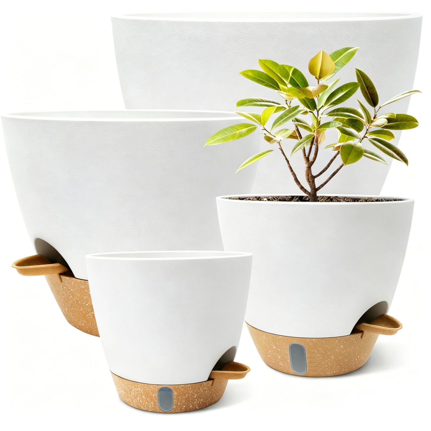 MNKXL 4-Pack Large Self Watering Pots for Indoor Plants, 12/10/9/8 Inch Planters with Visible Water Level Window, Automatic Watering System for Monstera, Fiddle Leaf, Herbs, Succulents, White