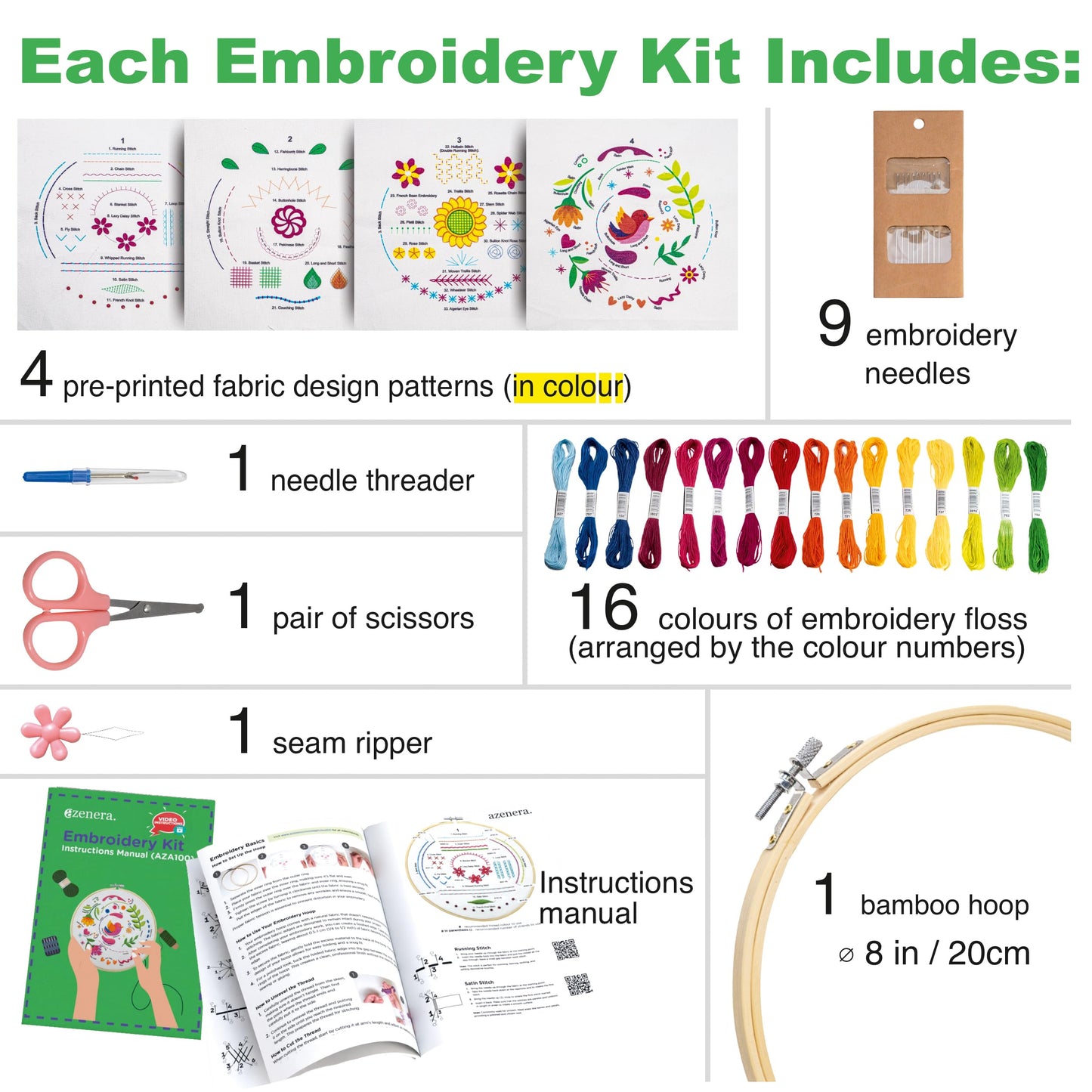 Azenera Beginner Embroidery Kit (4 Pack) Learn 33 Stitches with Easy DIY Video Tutorials, Coloured Design Patterns, Thread Floss, Cross Stitch Hoop, Gift (AZA100)