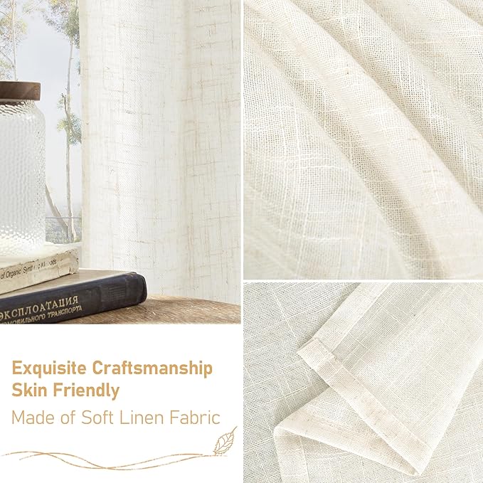 LAMIT Extra Wide Linen Curtains for Bedroom, Cream Light Filtering Faux Linen Textured Panels Semi Sheer Back Tab and Rod Pocket Boho Drapes for Living Room, 2 Panels, 60 x 84 Inch