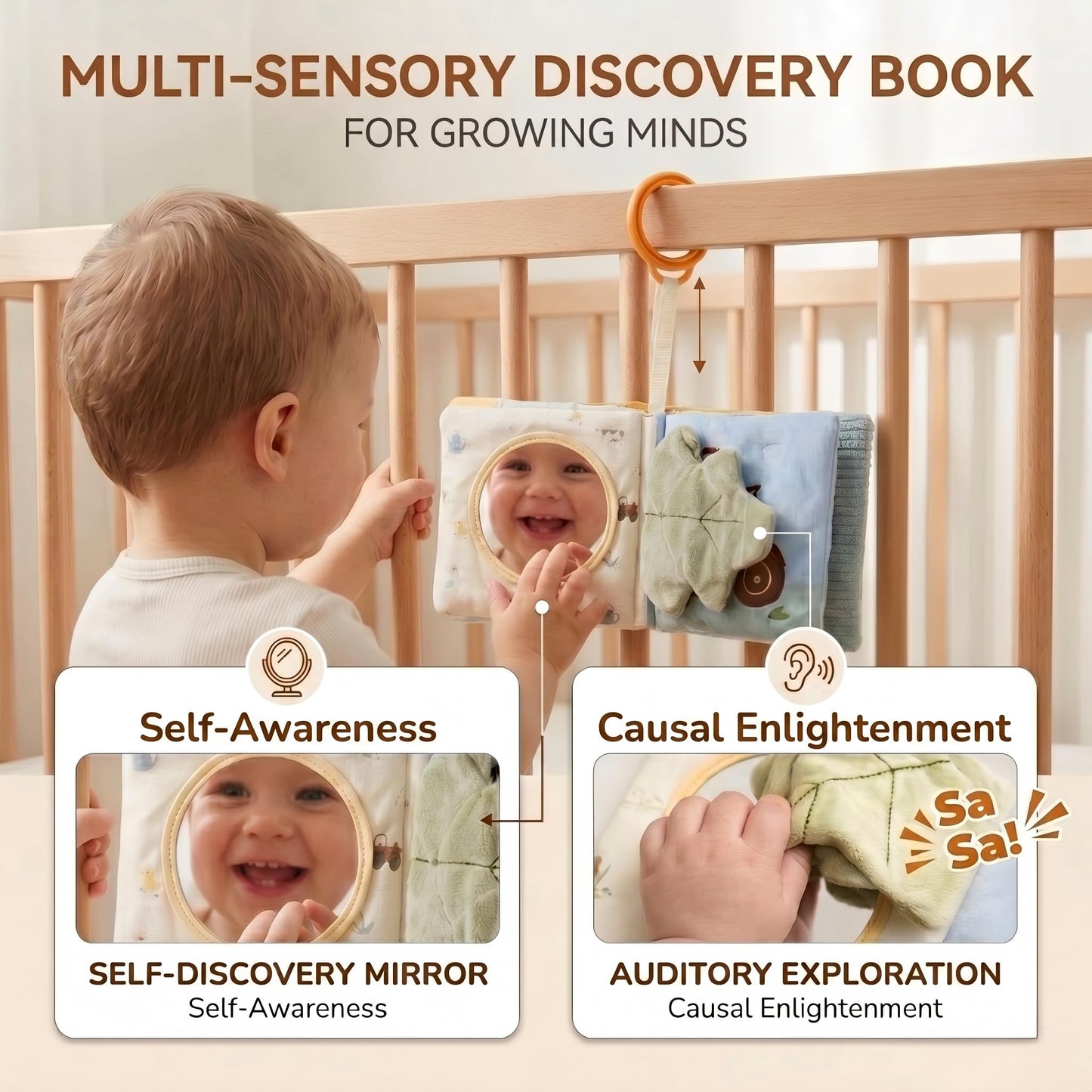 let's make Interactive Soft Baby Book for Babies 0-12 Months, Farm Story Sensory Cloth Book with Teether & Mirror, Newborn Tummy Time Activity Toy, Crinkle Stroller Toy for Infants