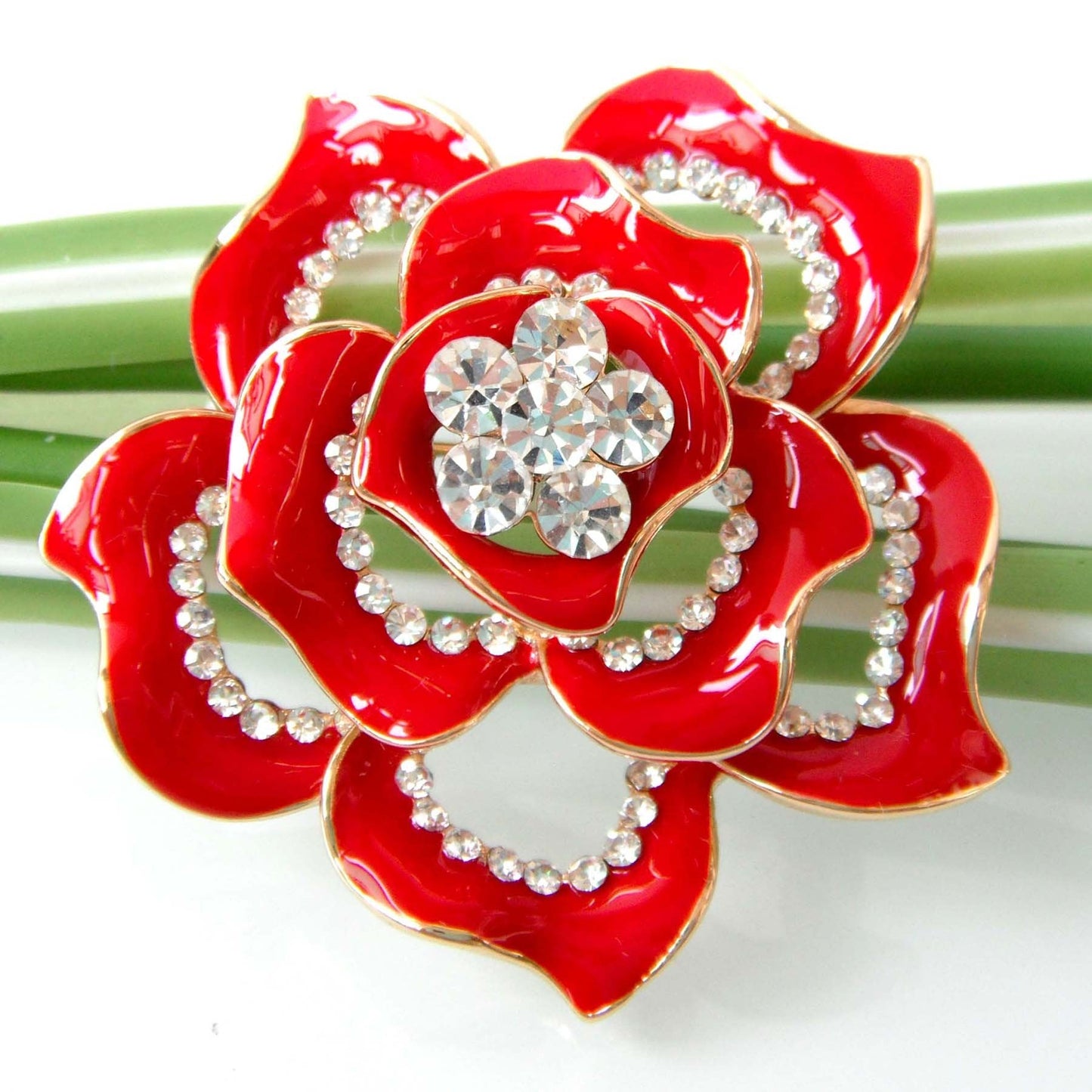 Navachi 18k Gold Plated Crystal Red Enamel Rose Flower Az7445b Brooch pins