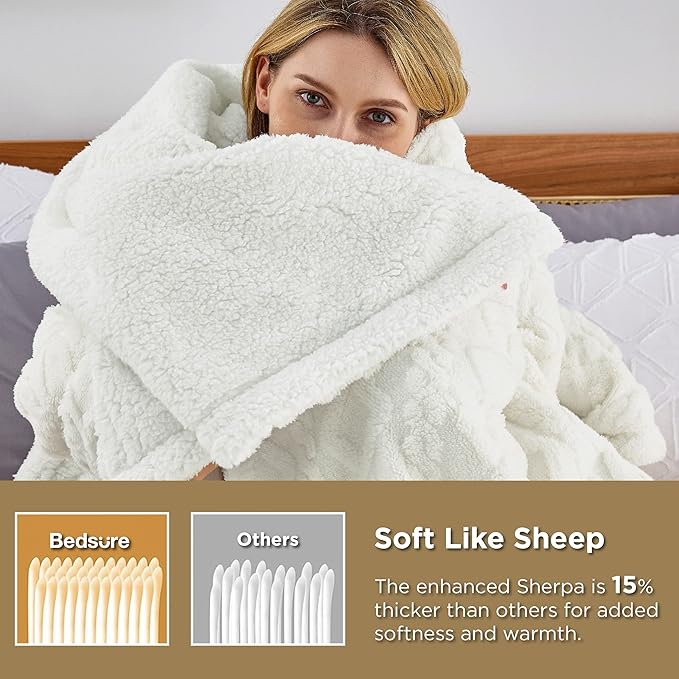 Bedsure Sherpa Queen Size Blanket for Bed - GentleSoft Fleece Fluffy & Cozy Cable Jacquard Tufted for Women Gift, Thick and Warm Blankets for Winter, Cream, 90x90 Inches