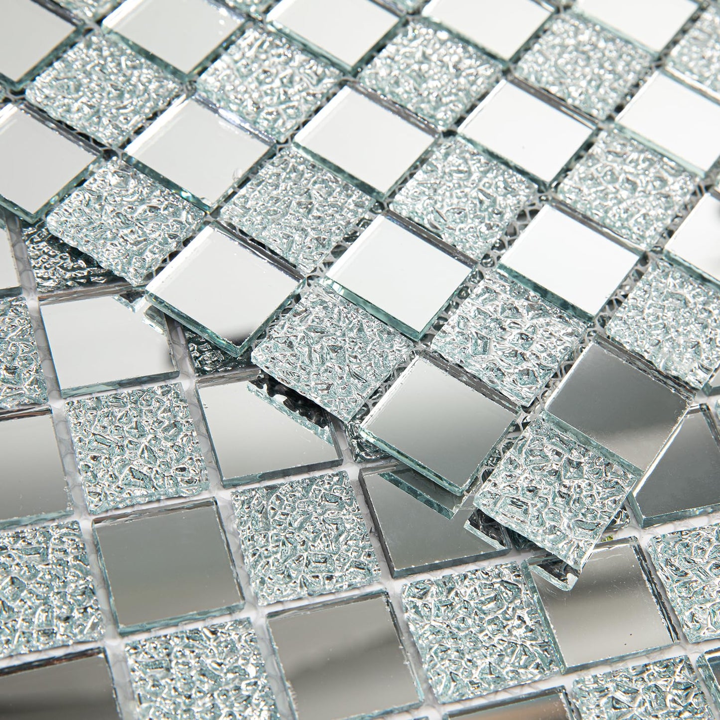 Adedeo Crystal Diamond Mirror Mosaic Tile Square Glass Mosaic Tile for Kitchen Backsplash Bathroom Wall (6 Sheets, Silver Square Flat Mirror)
