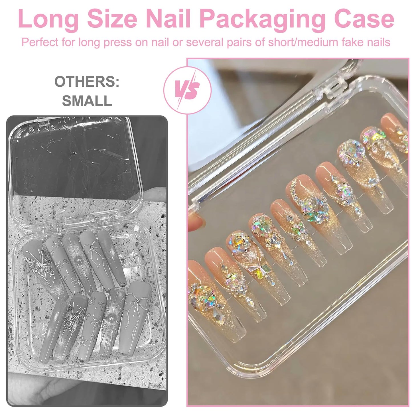 14Pcs Press On Nail Packaging Box Large,Press on Nail Storage Box for Press Ons Long, 5.1”×2.95” Fake Nail Storage Cases with 60 Pcs Adhesive Tape for Fake Nails Storage Display Nail Salon Business