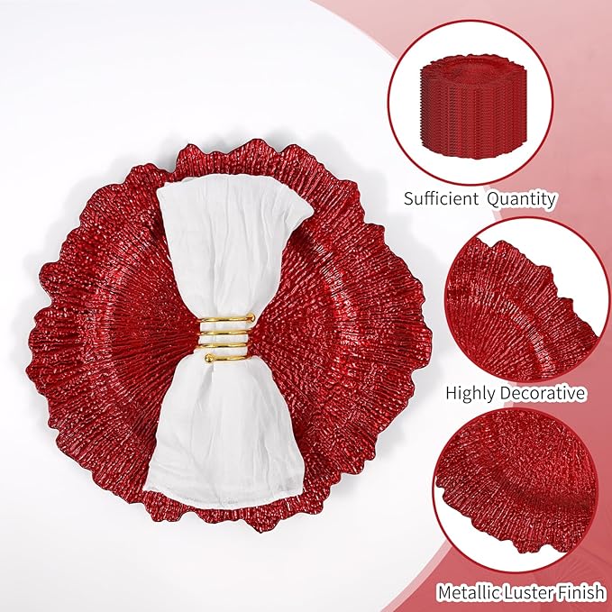 Teruntrue 24 Pcs Red Charger Plates Bulk 13 Inch Plastic Charger Plates for Dinner Plate, Red Chargers for Table Setting, Reef Design Plate Floral Decorative Round Chargers for Wedding Party, Event