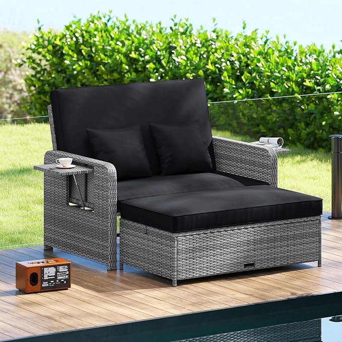 HAPPYGRILL Patio Rattan Wicker Daybed with Loveseat & Storage Ottoman, Outdoor Lounge Sofa Furniture Set with Adjustable Backrest & Side Trays, for Poolside Deck Porch Lawn (Mix Grey & Black)