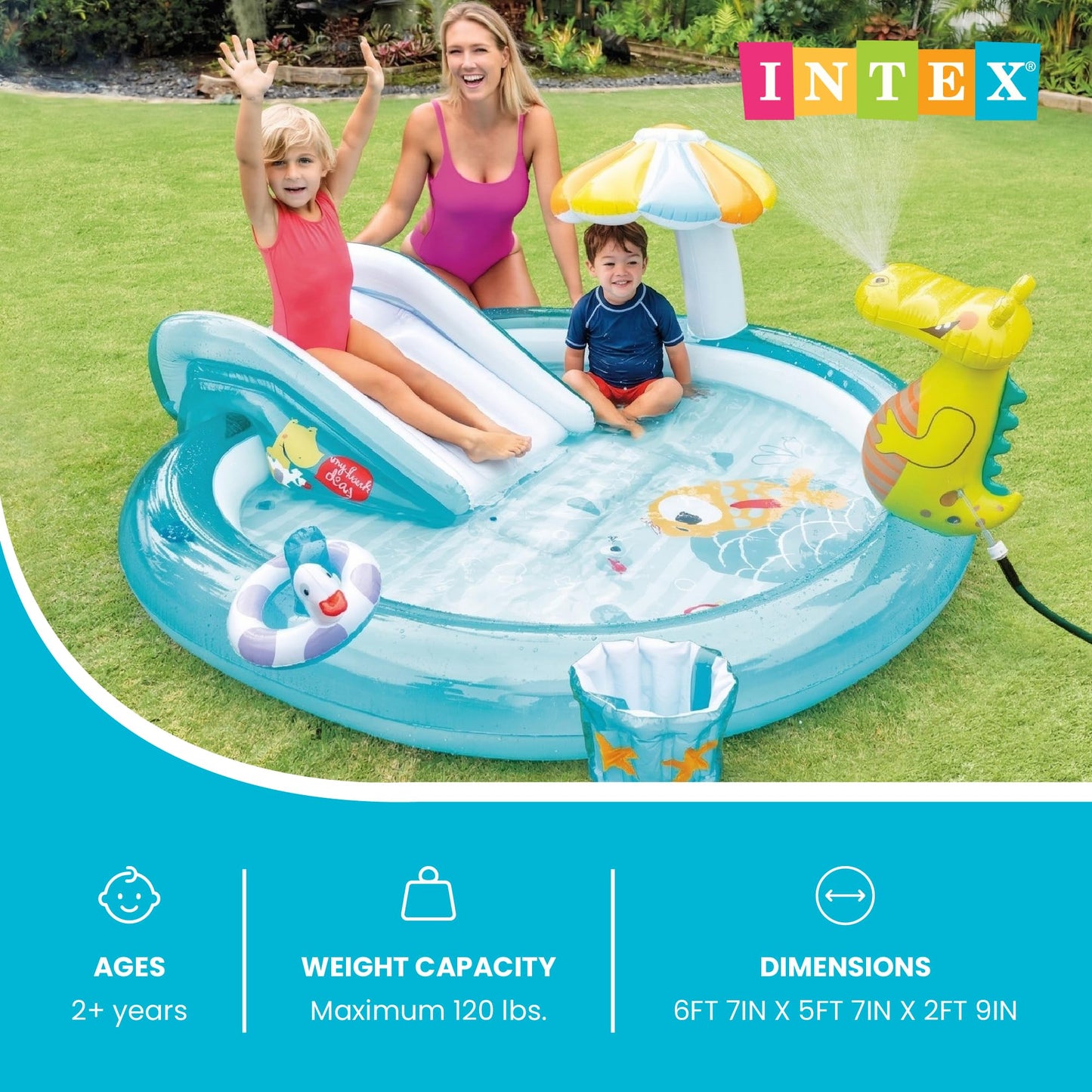 Intex Gator 6.6' x 5.6' x 4" Outdoor Inflatable Kiddie Pool Water Play Swim Center